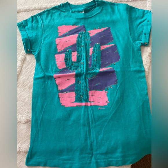 HAZELWOOD VINTAGE T SHIRT, TURQUOISE WITH CACTUS M NWOT - Picture 2 of 5